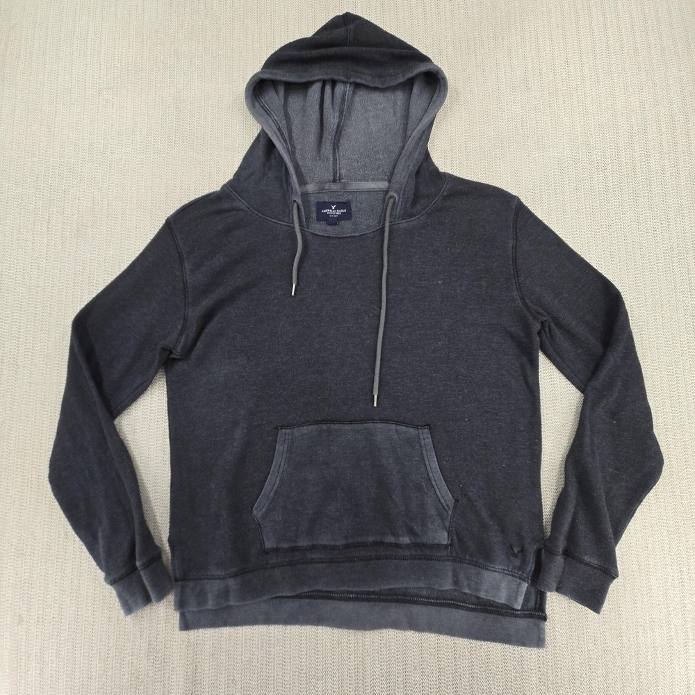 American Eagle Hoodie Mens Medium Gray Pullover Fleece Logo Kangaroo Pocket